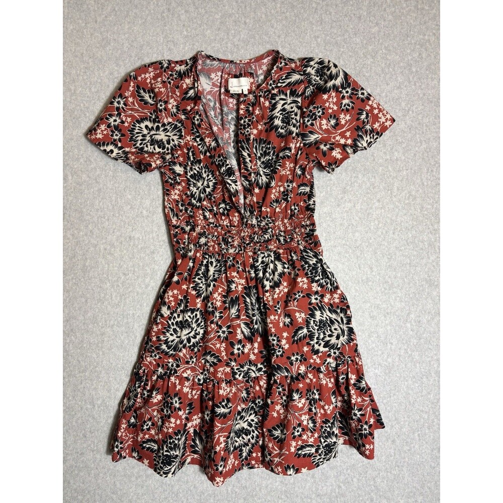 Anthropologie Somerset Mini Dress Red Black Floral Pockets Cotton Tiered Size S